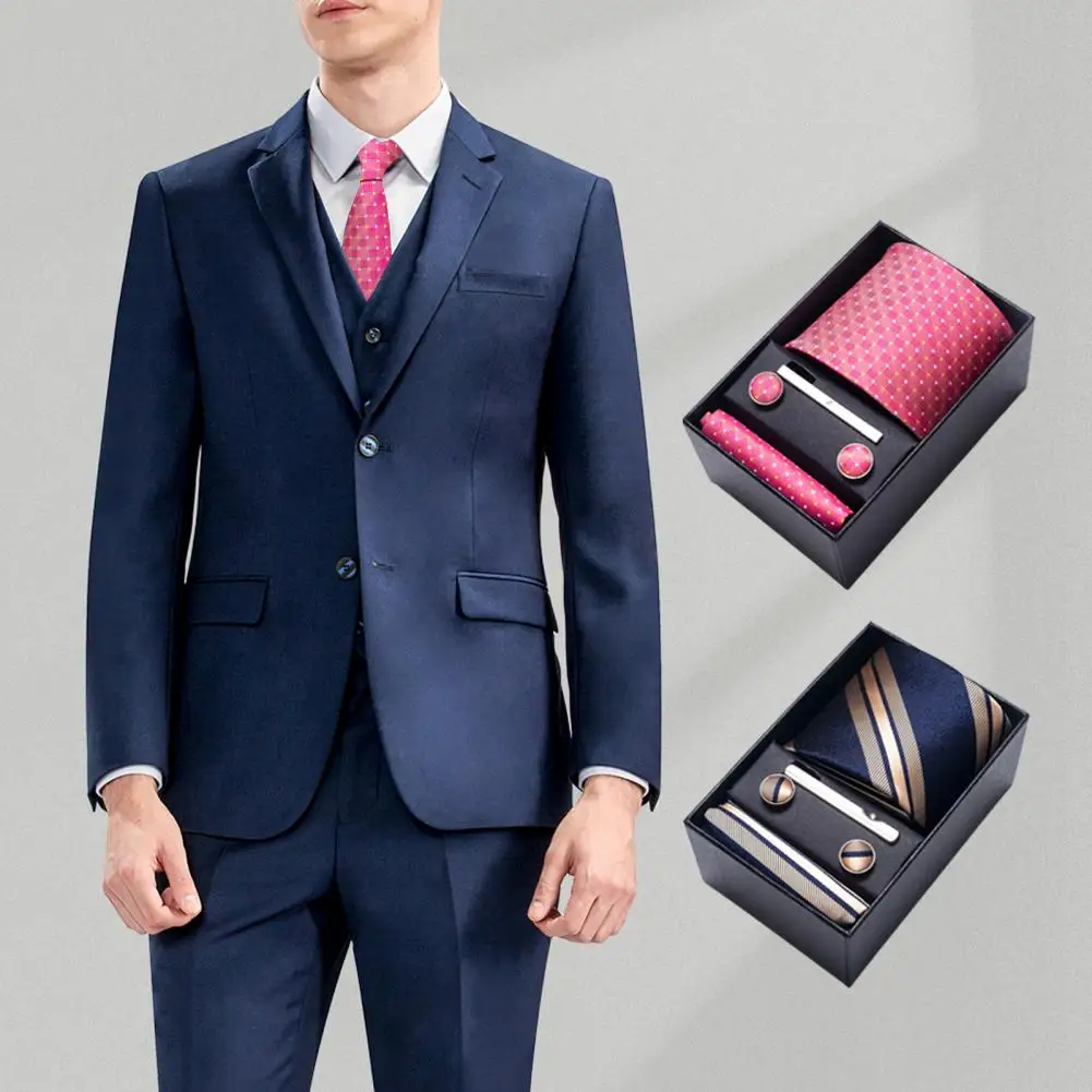 Formal Tie Smooth Texture Business Tie Set Different Striped Patterns Business Tie Cufflinks Square Scarf Clip Set