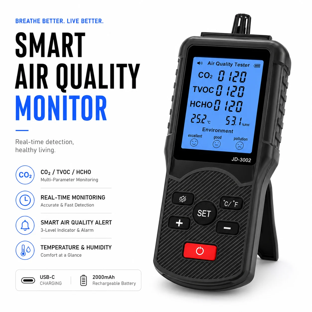 

Air Quality Monitor,JD-3002 Air Quality Tester Multifunctional CO2 TVOC Meter Temperature Humidity Measuring Device CO2 Detector