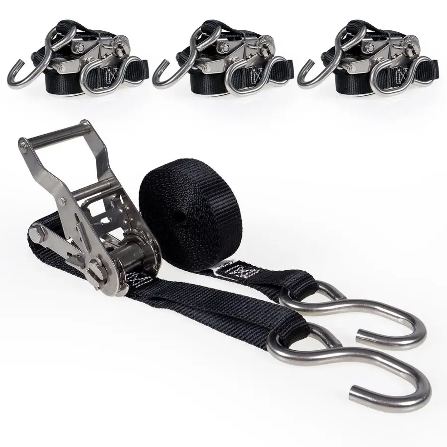 

Stainless Steel Ratchet Straps with SHooks 1 X 10 4Pack, 765 LBS Break Strength, Marine Tie Down Straps for Boats, ATVs, Trees,