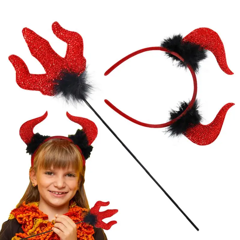 Halloween Devil Costume Set Perfect The Devilish Look Glitter Devil Headband And Red Cane Dress Up Kit For Halloween Devil Sets