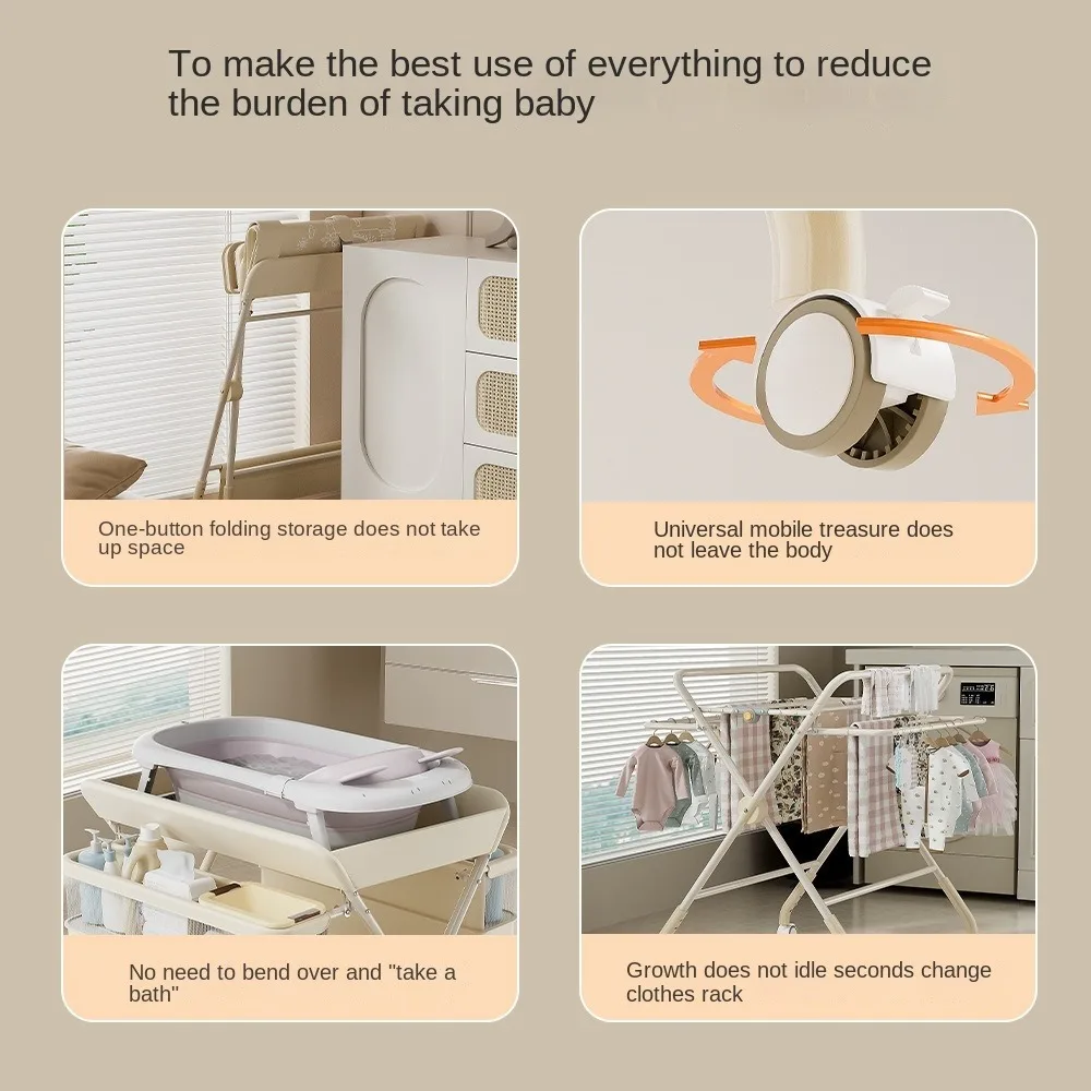 طاولة تغيير حفاضات محمولة قابلة للطي للطفل، محطة تغيير حفاضات محمولة بنمط مطور مع عجلات، حضانة بخمسة مستويات