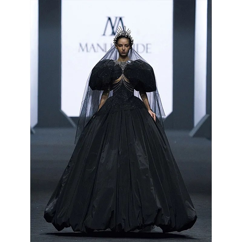 Saia fofo 2022 novo comércio exterior preto bolha manga nupcial vestido de casamento banquete passarela desempenho vestido de noite