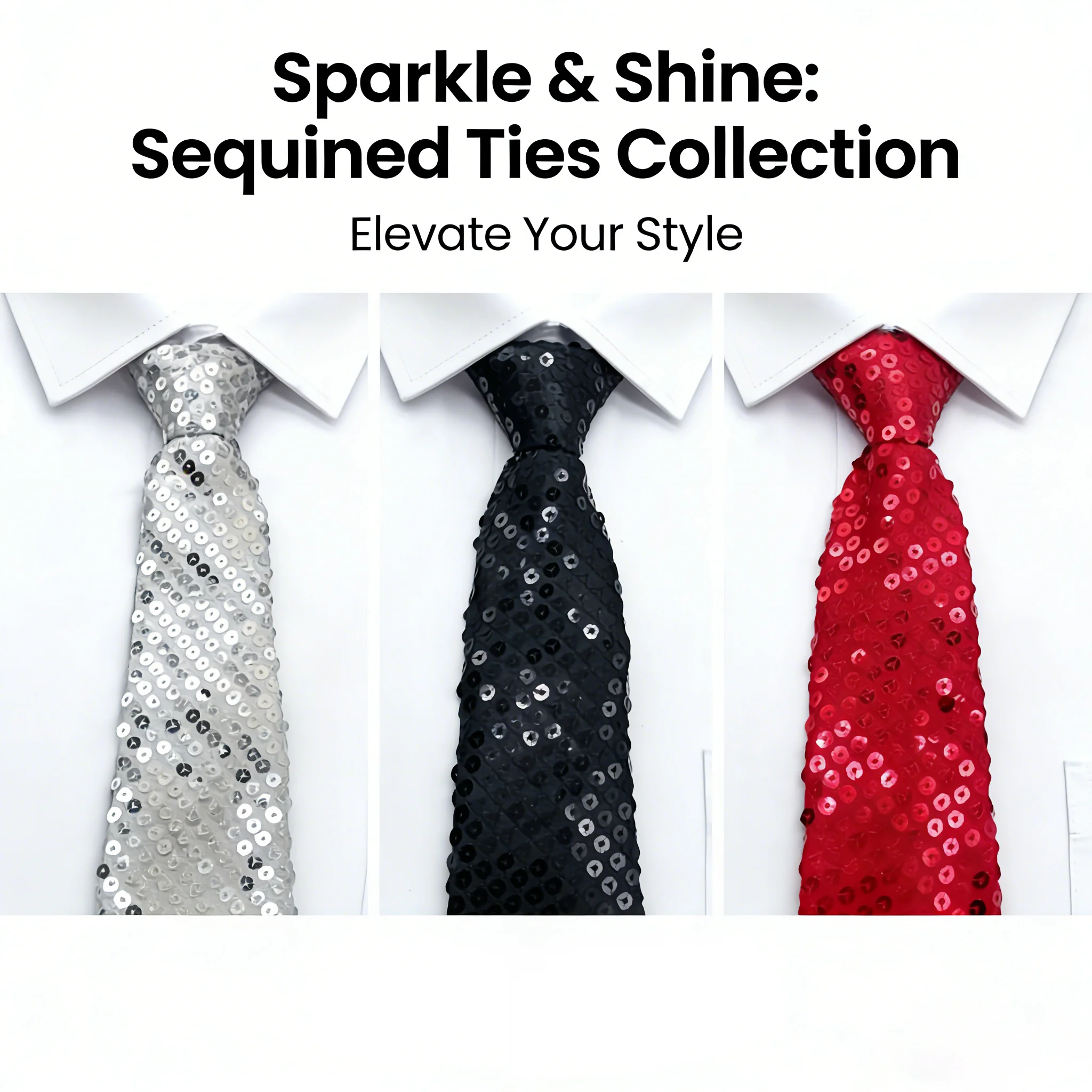 Sequin Tie with Zipper, No Need to Tie, Wide Style 8cm (3.15inch) Polyester, Black, Silver, Red, Multi-Color, Unisex, Shiny, Stage Performance, Annual Meeting, Party, Host, Suit Accessories