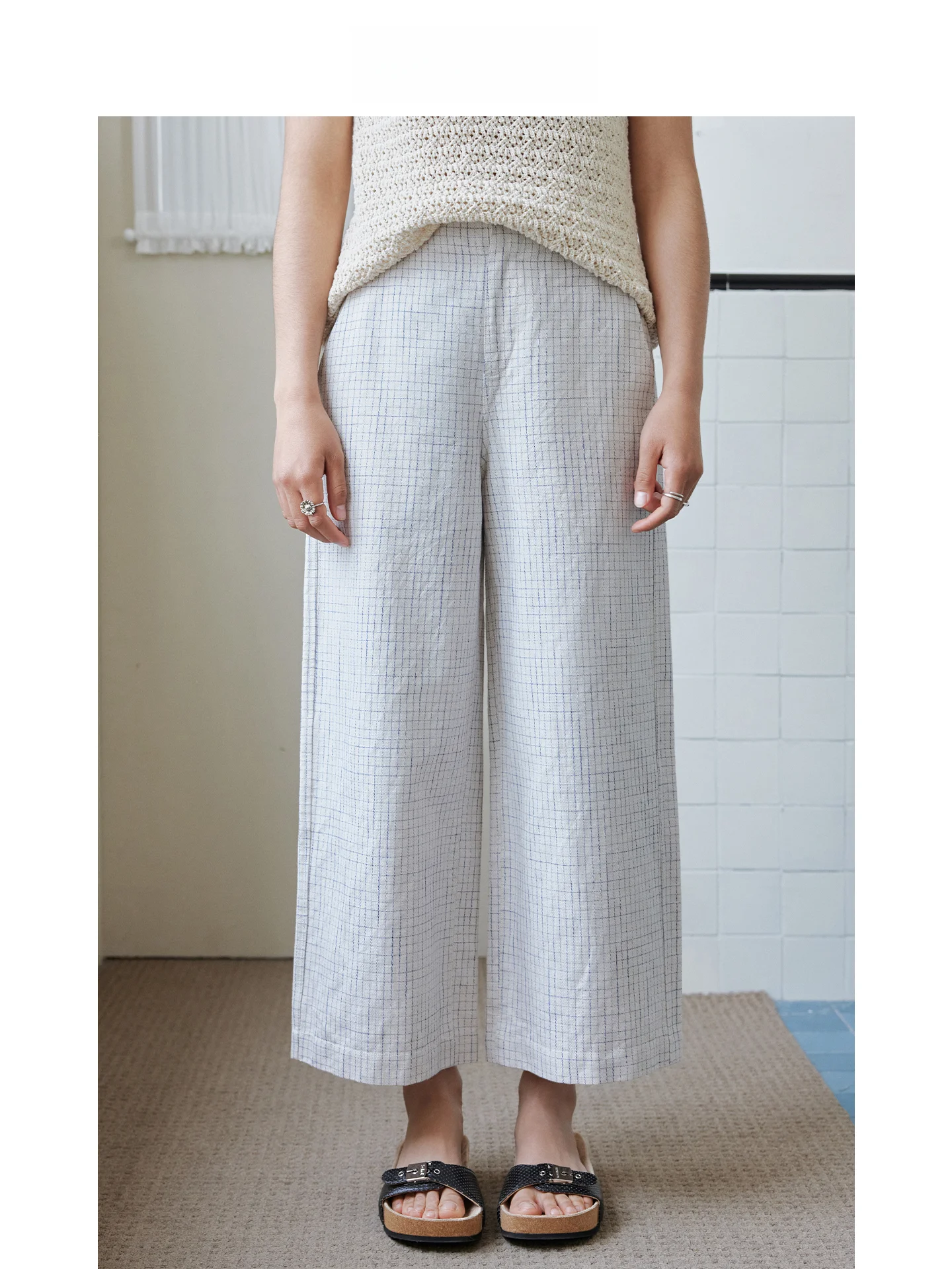 

DE Mincollection Lin Zhi Qing Japanese Sle Cheered Cotton Linen Casual Pants Straight Leg Nine-Tenths l Waist