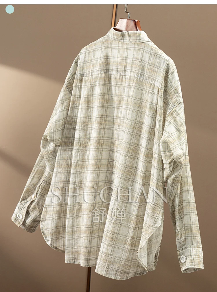 New Casual Fresh Literary Plaid Linen + Cotton Lapel Long-sleeved Shirt Women's 68C2  Blusas Mujer De Moda 2025 Verano