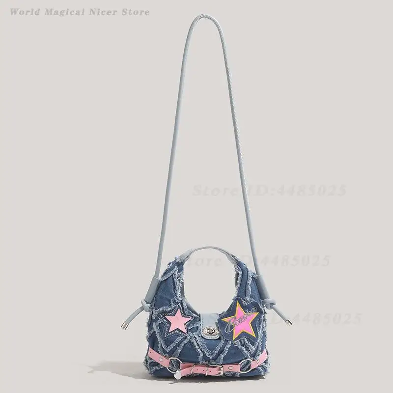 2026 New Pink Star Patch Denim Crossbody Bag for Women Girls Casual Daily Shoulder Purse Fashion Streetwear Handbag Versatile