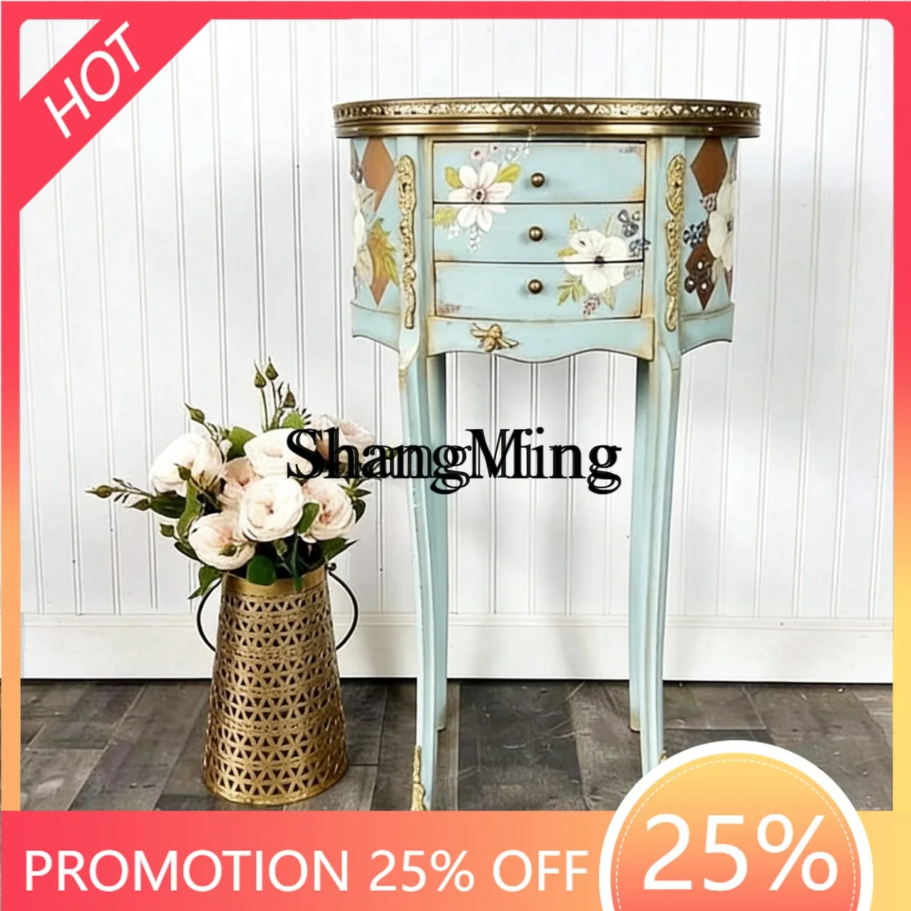 

SM household hand-painted brass trim living room light luxury coffee table solid wood small round table storage color painting