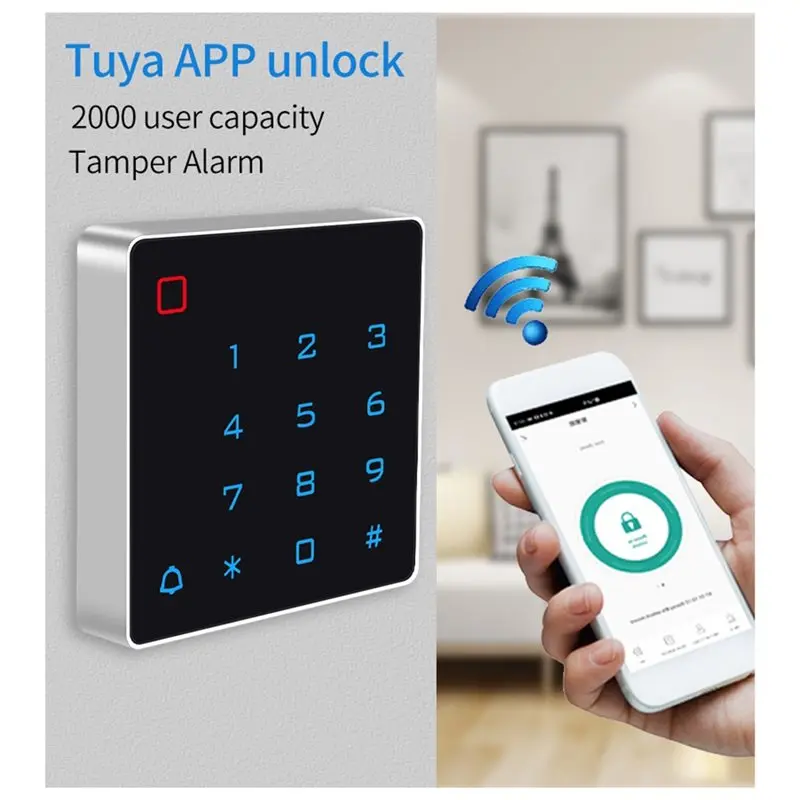 B63B-Tuya App Smart Wifi Access Control Keypad, Backlit Touch Standalone RFID EM Card Access Controller With Wiegand Reader