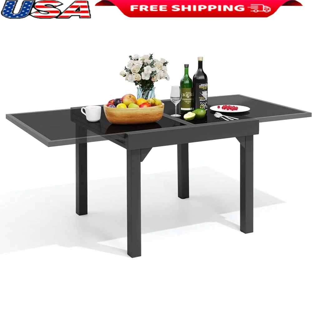 

Expandable Aluminum Outdoor Dining Table Glass Surface Seats 4-8 Weather Resistant Durable Easy Assembly Ideal Patio Backyard
