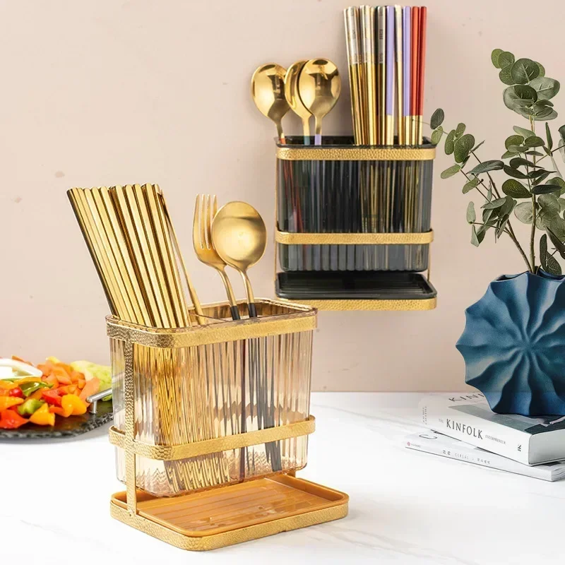 

Легкий роскошный двухслойный держатель для палочек для еды, клетка для посуды, без дырокола, вилка, ложка, поднос для слива, кухонное хранилище, подвесное