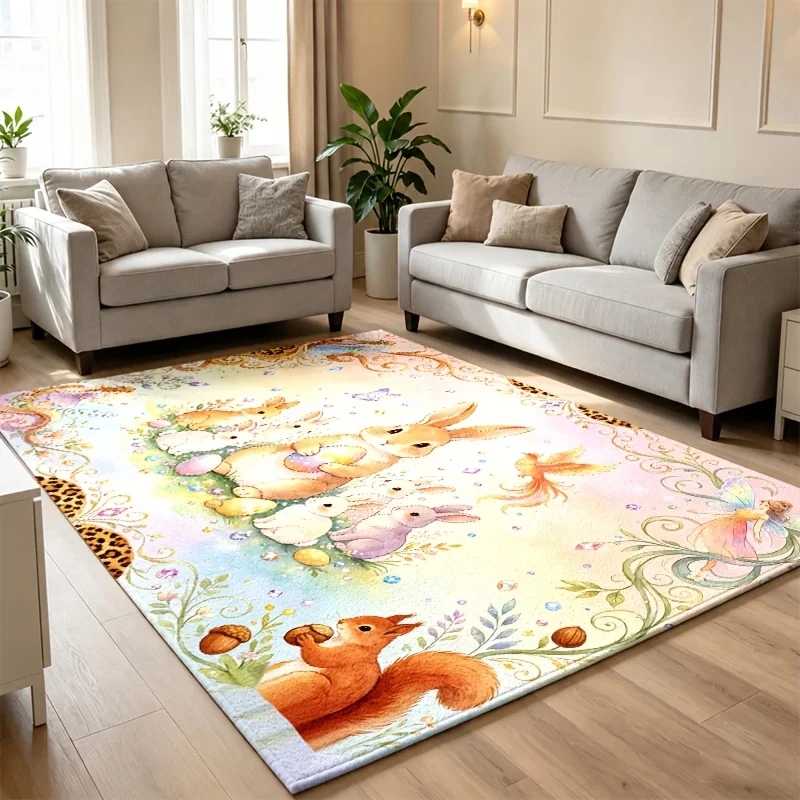Watercolor Forest Rabbit Squirrel Area Rug Pastel Floral Fairy Print Large Floor Carpet Whimsical Nature Living Room Home Decor