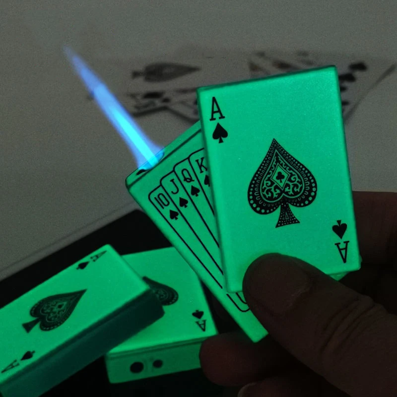 2022 Unusual Metal Playing Cards Jet Lighter Flashlight Turbo Butane Gas Lighter Creative Windproof Outdoor Lighter Fun Toys