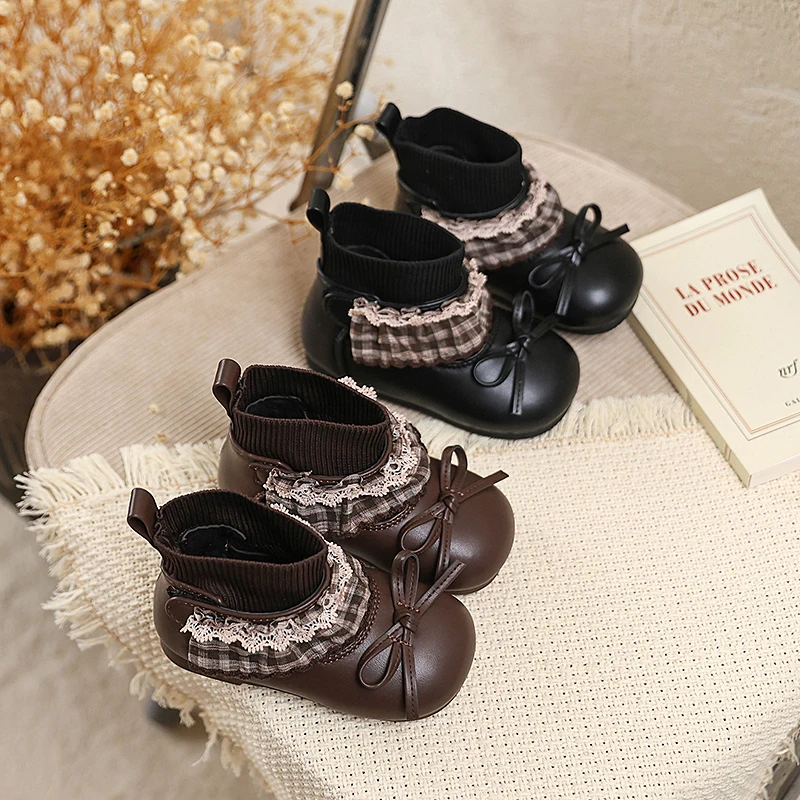 Girls Sock Boots with Lace Bow-knot Anti-slip Soft Sole Kids Princess Leather Boots Children Ankle Boots Size 21-30