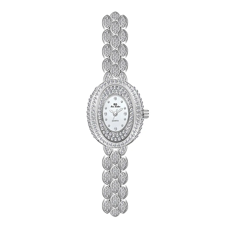 Retro Oval Dial Gold Silver Full Diamond Women's Watch Elegant Chain Quartz Waterproof Brand Womens Watch Women's Jewelry