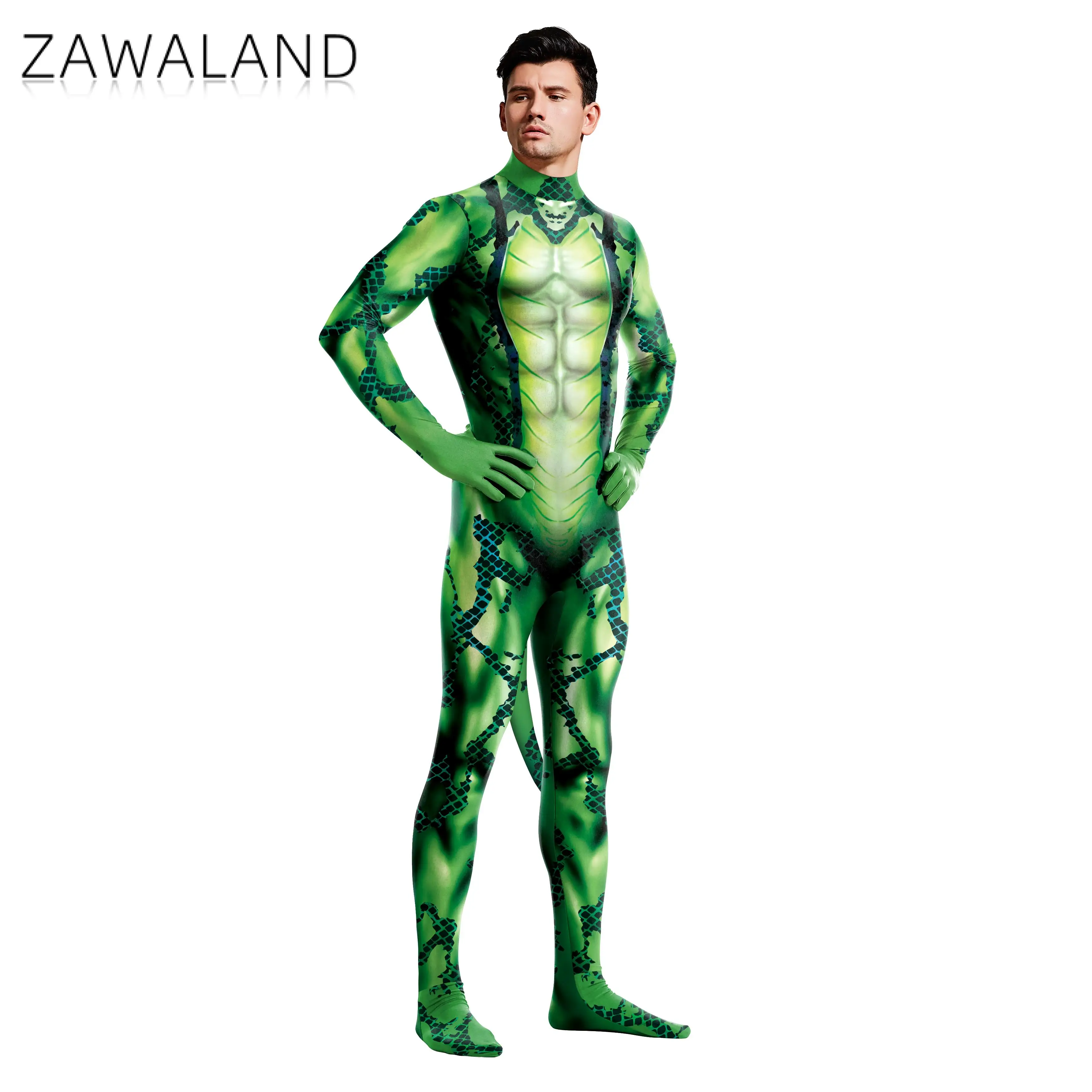 Zawaland Adult Cosplay Snake 3D Printed Long Sleeve Tight Zentai Zipper with Tail Sexy Slim Costume Spandex Bodysuit Muscle Suit