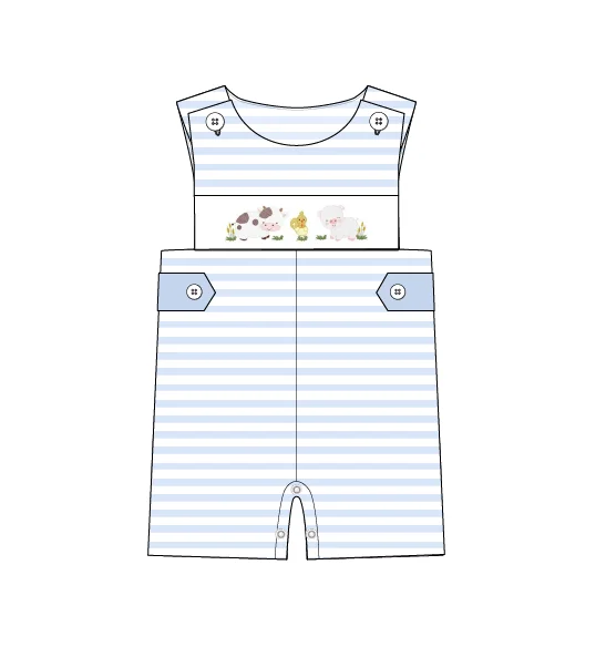 Baby Boutique Short Sleeve T-shirt Set Round Neck Farm Animal Embroidery Girl Dress Boy Pink Stripe Top Clothes And Blue Pants