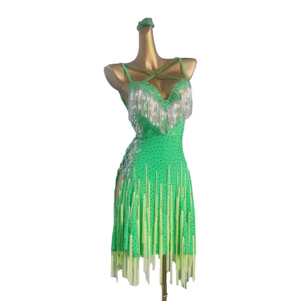 라틴 댄스 의상, 라인스톤 여성 의류, 고급 맞춤형 실버 태슬 칼라, 꽃무늬 드레스, 삼바 퍼포먼스 드레스