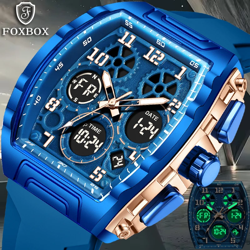 

FOXBOX New Luxury Blue Silicone Watch Men Fashion Sport Square Digital Watch For Men Casual Waterproof Men's Quartz Wristwatches