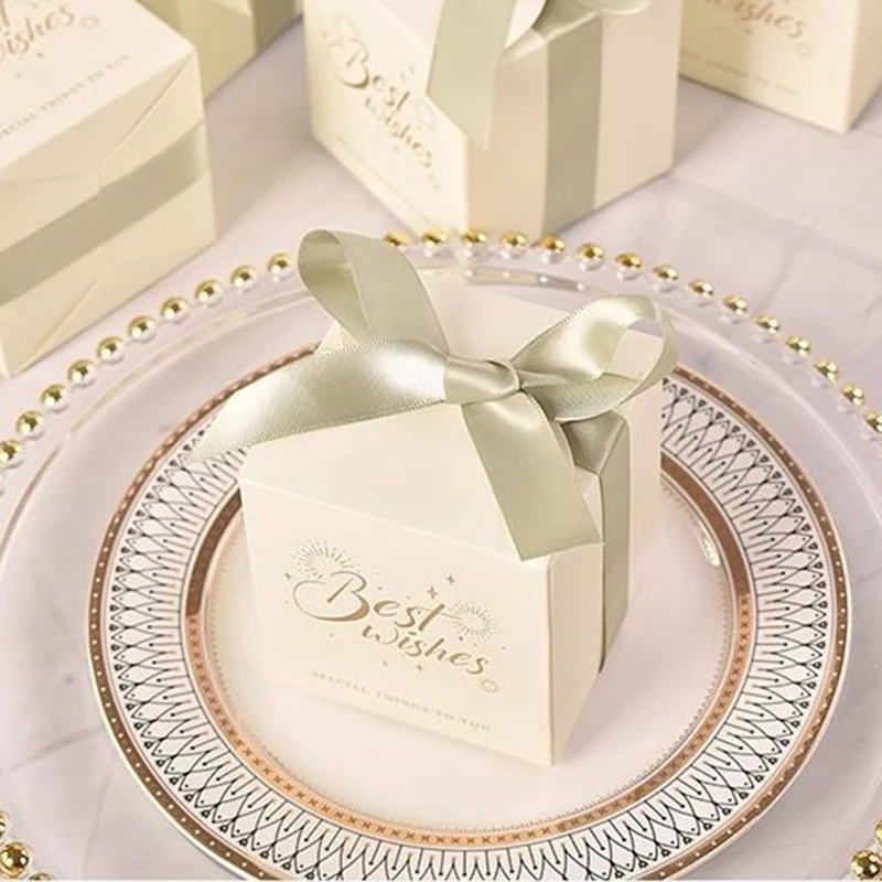 25/50Pcs Best Wishes Candy Box Wedding Sweet Favor Gift Packaging Box With Ribbon Baby Shower Holiday Birthday Party Decoration