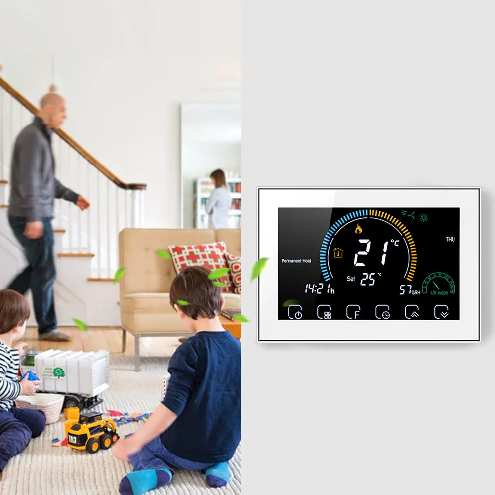 Smart Thermostat Large Color Backlit LCD Touch Screen 15mm Ultra Thin Silver Frame Home Heating Control