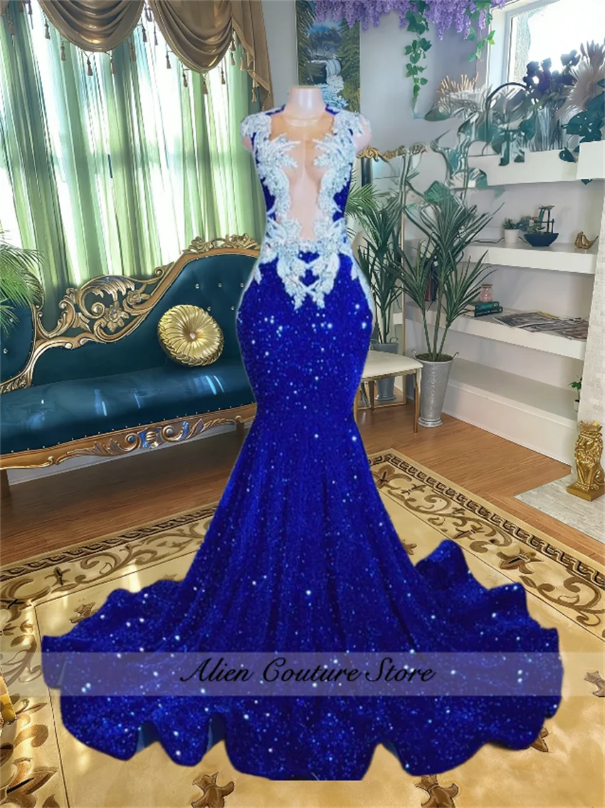 

Elegant Royal Blue Sequin Prom Dresses Black Girls 2026 Beaded Applique Mermaid Cocktail Dress Formal Occasion Gown Customized