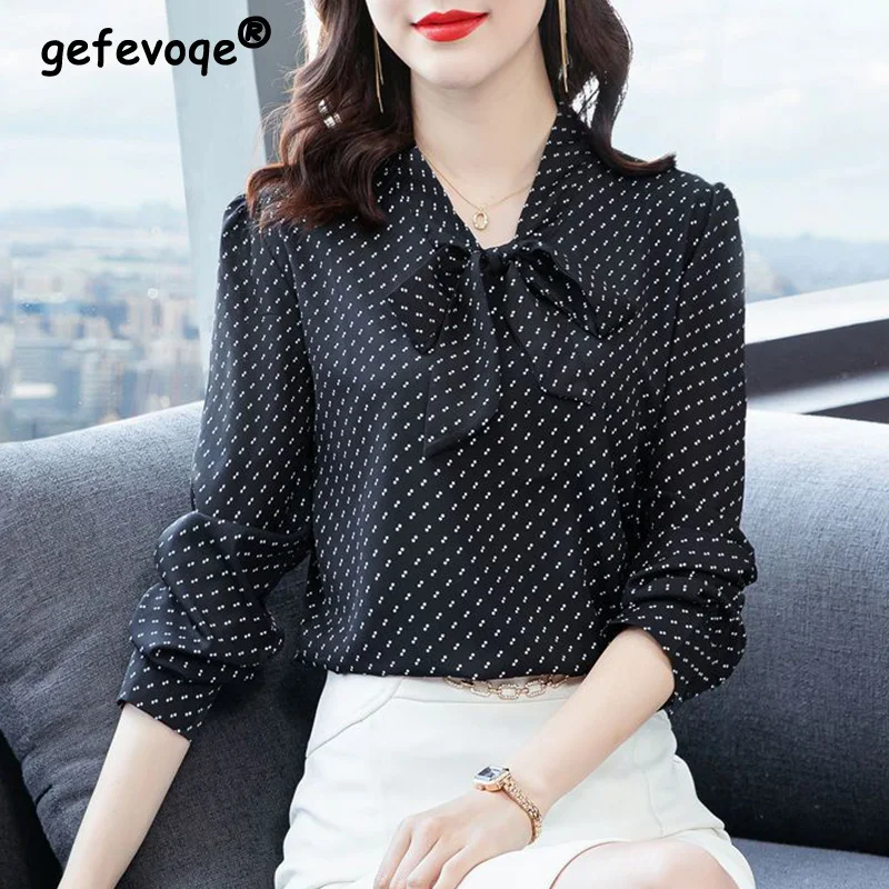 Polka Dot Black Chiffon Shirt Female 2023 Spring Autumn Office Lady Scarf Collar Bow Bandage Long Sleeve Pullover Blouse