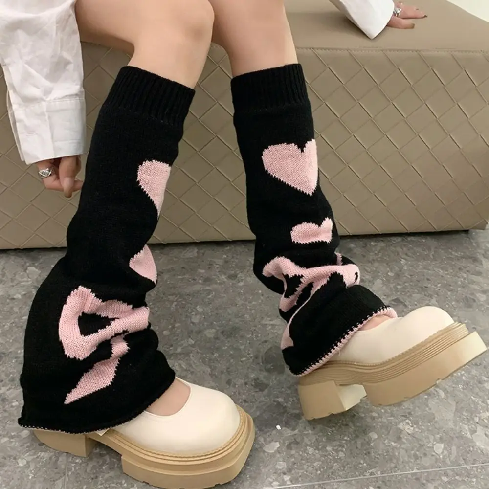 Fashion Heart Shape Ruffle Socks Bowknot Knee High Knitted Leg Warmers Hosiery Warm Asymmetric Socks Streetwear