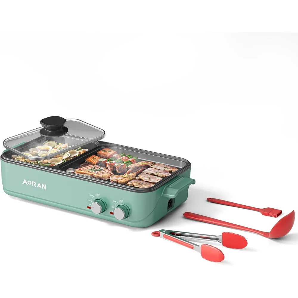 

Electric Hot Pot with Grill, 2-in-1 Indoor Non-Stick Pot, Dual Temperature Control, Quick Heating with Bonus Accessories Green