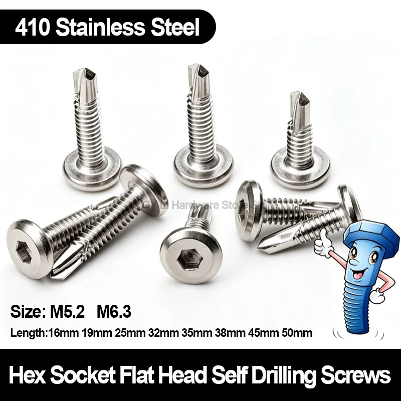 Self Drilling Screws 410 Stainless Steel Hex Socket Flat Head Drill Tail Screws For Guardrail Fence M5.2 M6.3 Length 16-50mm