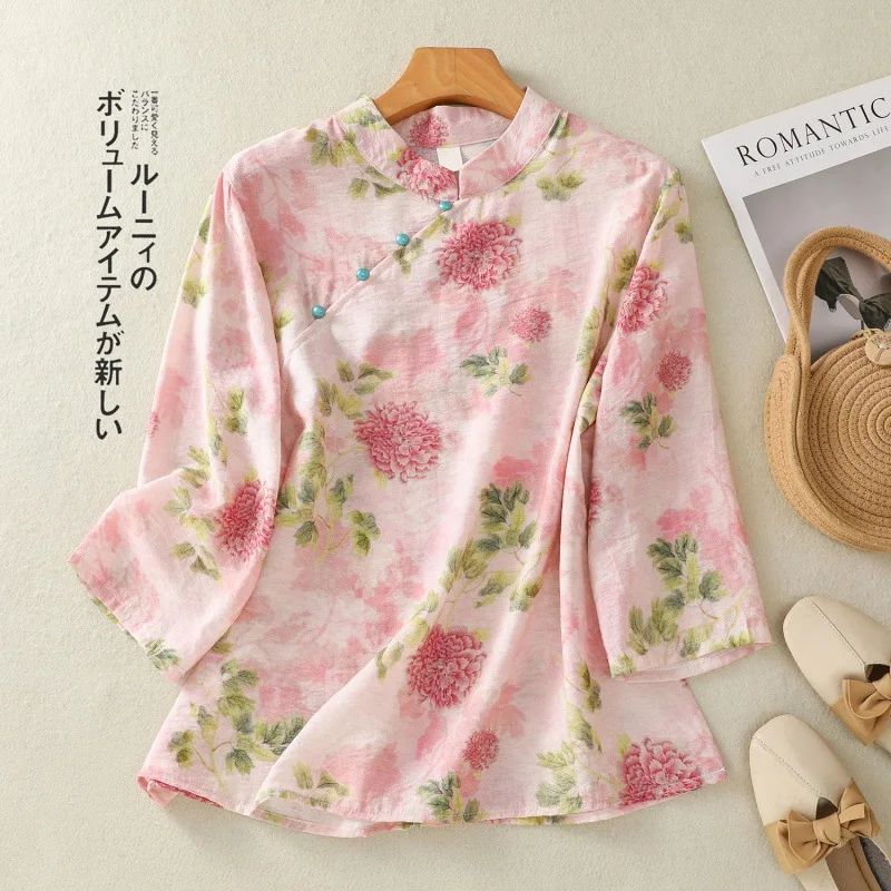 2024 summer new retro Chinese cotton and linen stand collar loose floral diagonal bead button printed blouse women