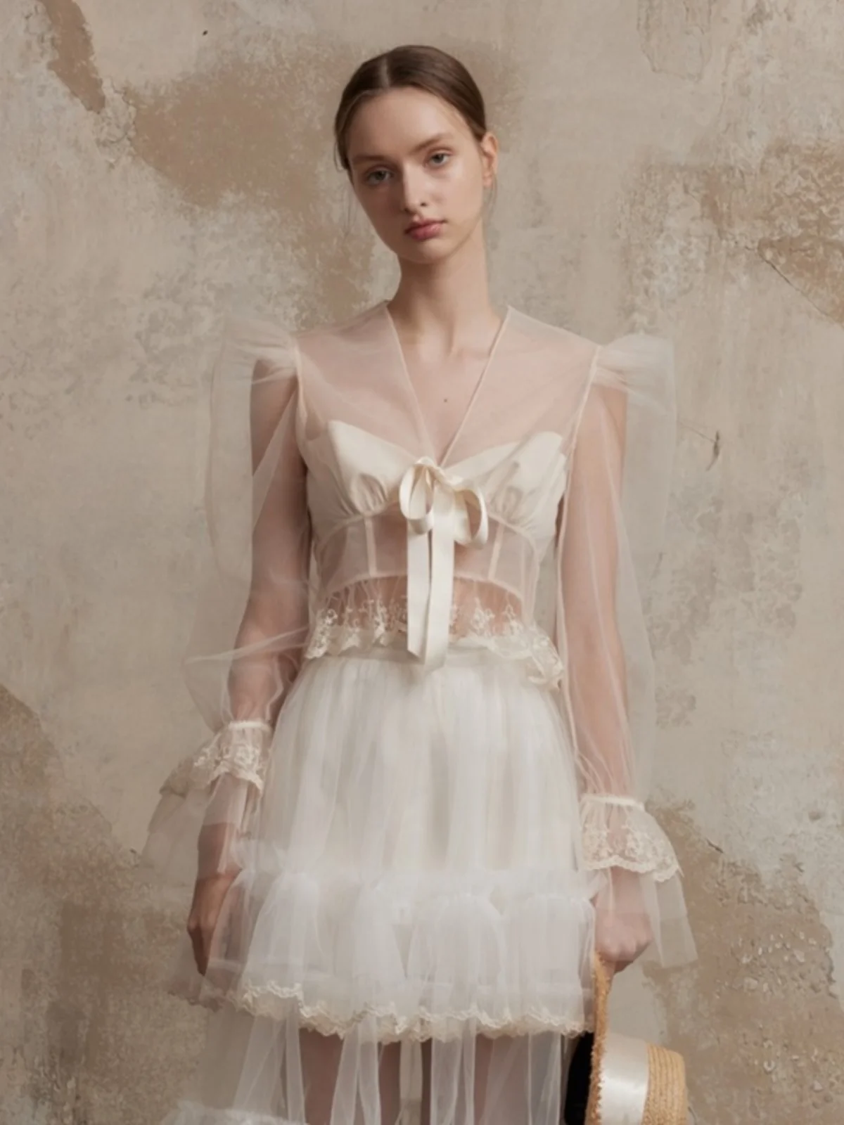 

Fa Sogno Original Dry Thin Veil Long Sve V-Ne Lace irt ort Sve Me Lace Women's Sweet Sle Fitted irt