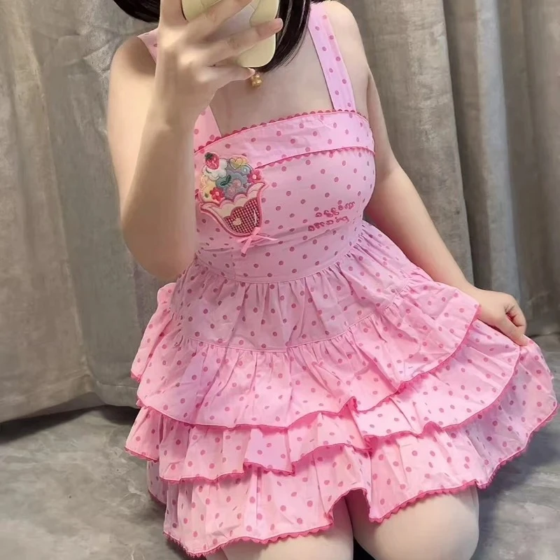 2025 giapponese Kawaii Lolita stile cinturino vestito da donna dolce gelato ricamo a pois stampa torta abiti Y2k partito mini abito