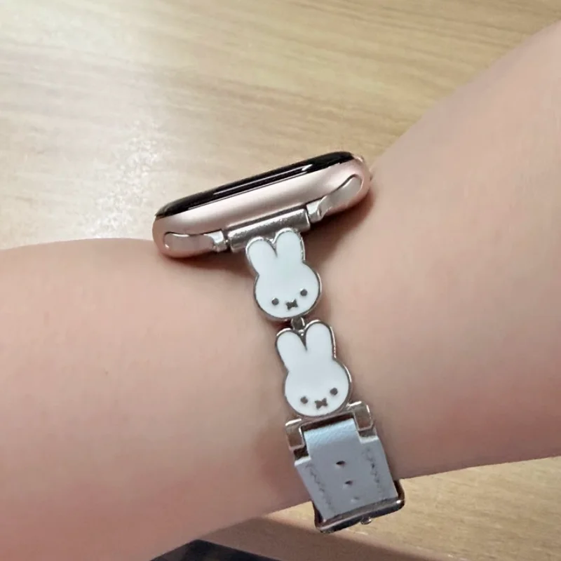 Miffy Rabbit Leather Watch Band For Apple Watch Series 11 10 9 8 7 6 Se Cute Luxury Strap For Iwatch Fashion Wristband For Women