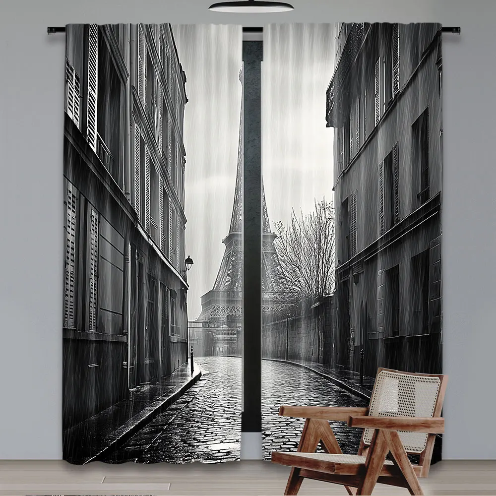 2Pcs French Eiffel Tower Curtain Paris Street Rainy Day Decorative Design For Bedroom Living Room And Dining Room B