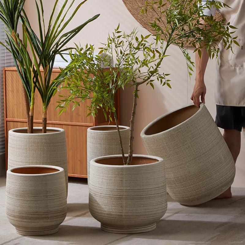 Simple Nordic floor-to-ceiling coarse pottery clay breathable extra large ceramic flower pot soft living room balcony large