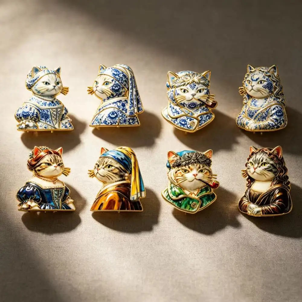 4/8pcs  Christmas Cats Brooches For Women Unisex Lovely Wear Hat Friends Cat Kitty New Year Party Brooch Pins Gifts