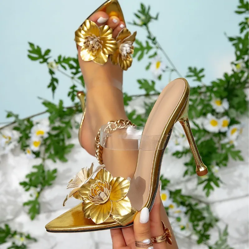 

Fashion Women High Heeled Sandals Temperament Pointed Stiletto High Heels Sandals Three-dimensional Flower Decoration High Heels