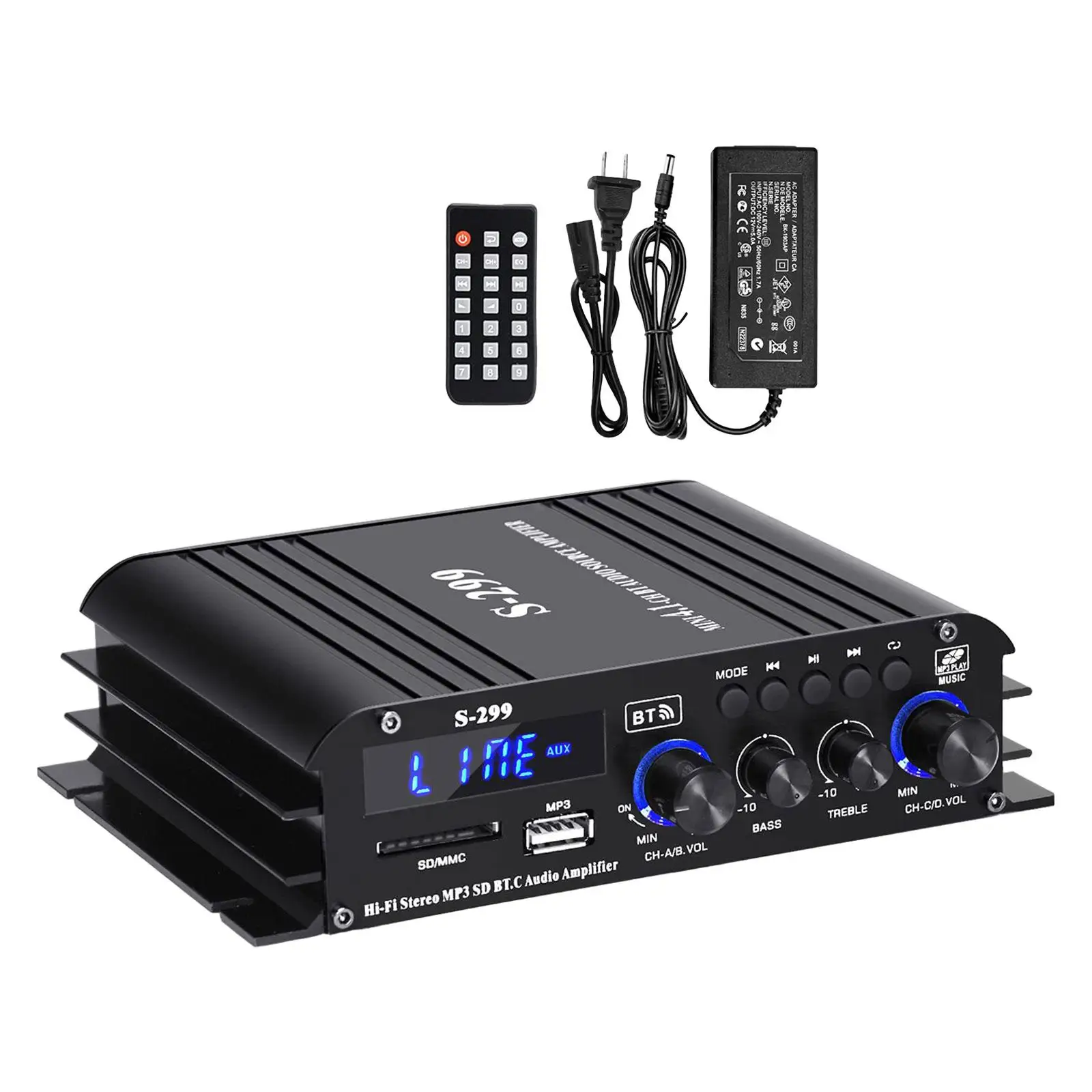 Power Amplifier HiFi Stereo Amp MP3 for Car Home Bar Party Volume Adjustment 4.1 Channel USB AUX BT SD 40wx4 with Power Adapter