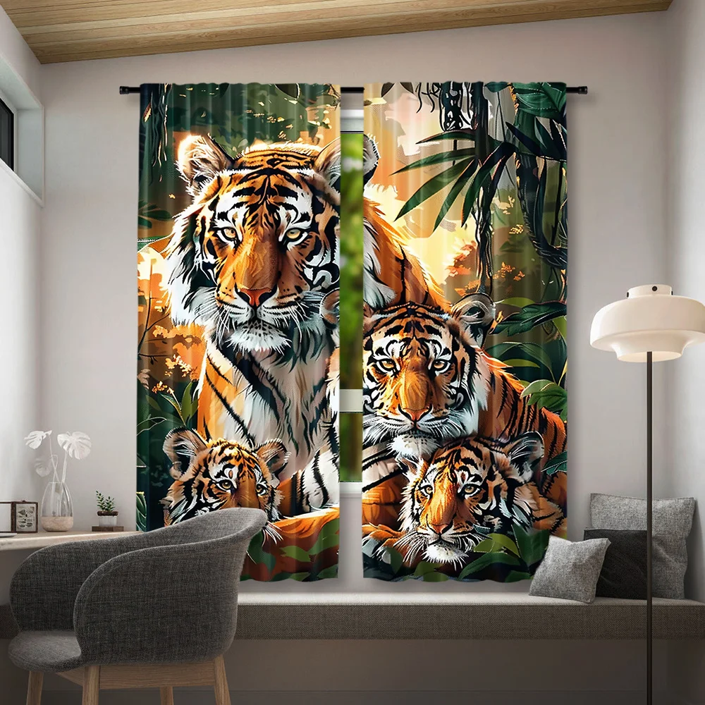 2 pieces, tiger print curtains, rod mouth window decoration, suitable for bedroom living room home decoration, room decoration.