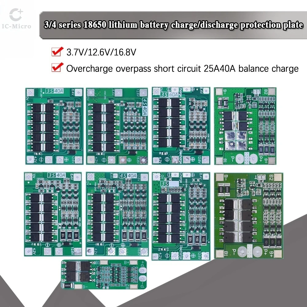 3S/4S 20 40A 60A Li-ion Lithium Battery Charger Protection Board 18650 BMS Drill Motor 11.1V 12.6V/14.8V 16.8V Enhance/Balance