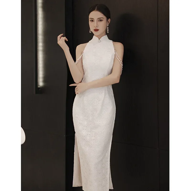 Elegant Chinese Style White Improved Qipao High Split Evening Dress Women's Party Gown Robe De Soiree