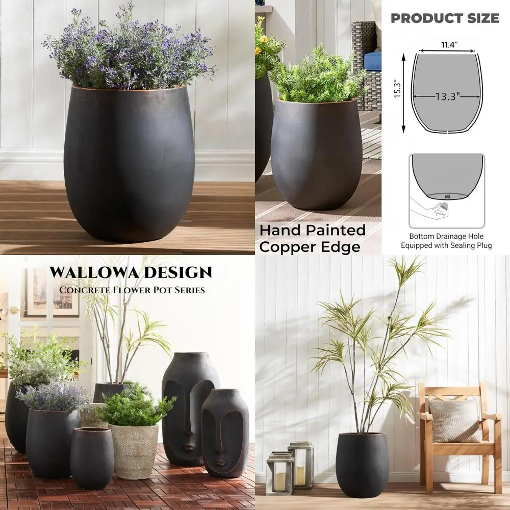 

Outdoor Concrete Planter, 13.3 Diameter x 15.3 Tall, Black with Gold Rim, Drainage Hole, Silicone Plug, Flower Pot for Garden De