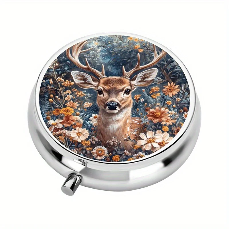 1-Piece Set, Flat, Round Three-Compartment Box, Floral and Deer Pattern Design, Decorative Portable Vitamin Storage Box and Medicine Storage Box, Soft and Delicate Texture, Ideal for Outdoor Travel and Office Medication Reminders
