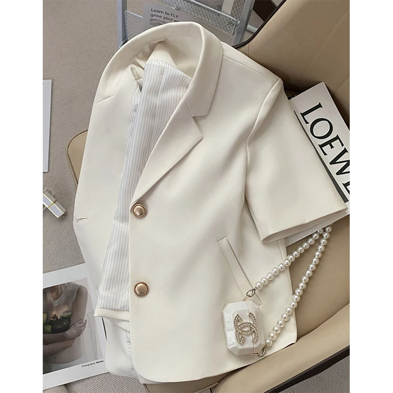 MEXZT Elegant Cropped Blazer Women Korean Pink Short Sleeve Suit Jacket Summer Ladies Fashion Simple Single Breasted Coat New