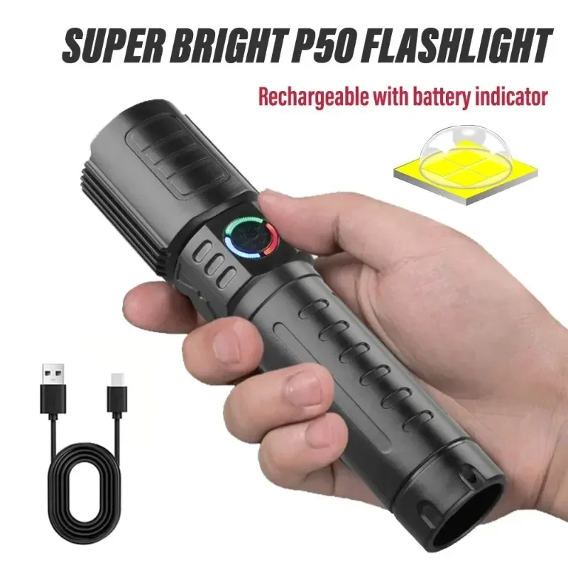 

Super Bright LED Flashlight with P50 Beads Zoomable Rechargeable Torch 3 Lighting Modes Waterproof Outdoor Strong Lighting Lamp