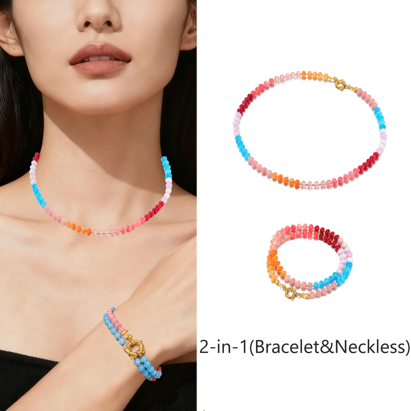 مجوهرات متدرجة من الحجر الطبيعي 2 في 1، سوار مطرز بألوان قوس قزح بطبقة واحدة هدية للنساء