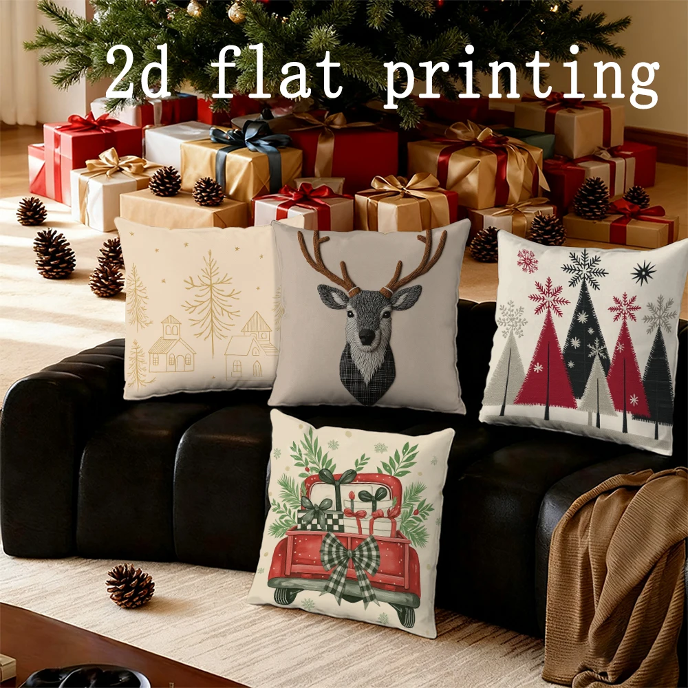 Home Decor Christmas Themed Deer & Tree Pattern Pillows Pattern Cushion Cover Suitable for Sofa Bedroom Car Pillow Cover