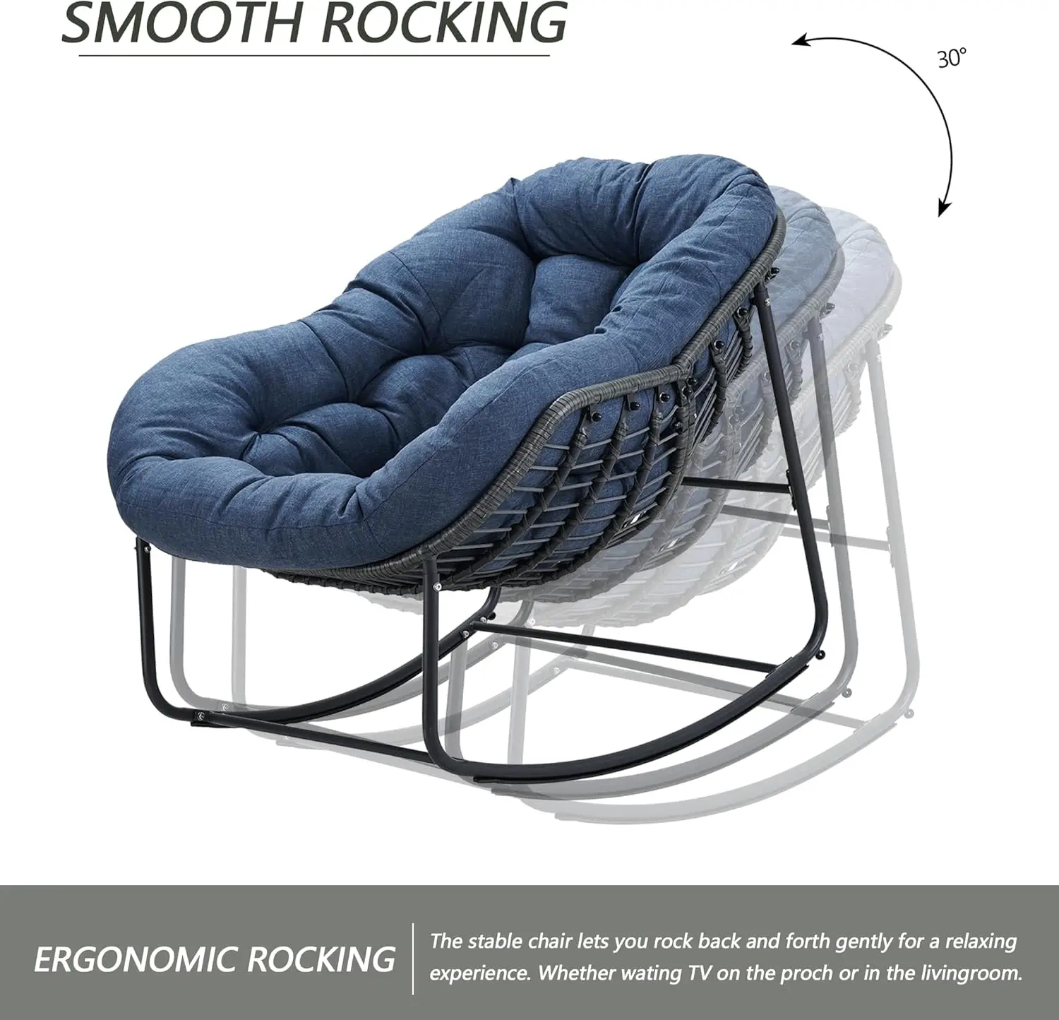 Pátio Wicker Egg Chair, Indoor e Outdoor Double Papasan Chair com almofada acolchoada, Royal Rattan Rocker para varanda frontal