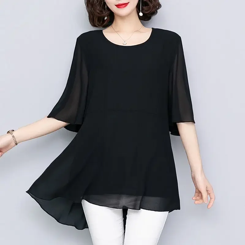 Summer New Chiffon Loose Shirt Tops Round Neck Short Sleeve Solid Color Loose Irregular Blouse Casual Fashion Women Clothing