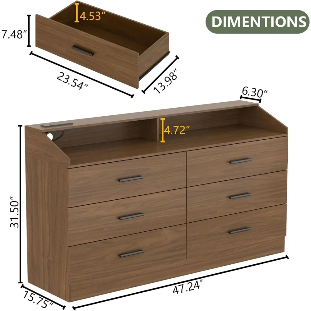 Commode avec prise de courant, commode moderne avec rangement ouvert, commode double large, commode avec lumière LED, 6 portes de proximité